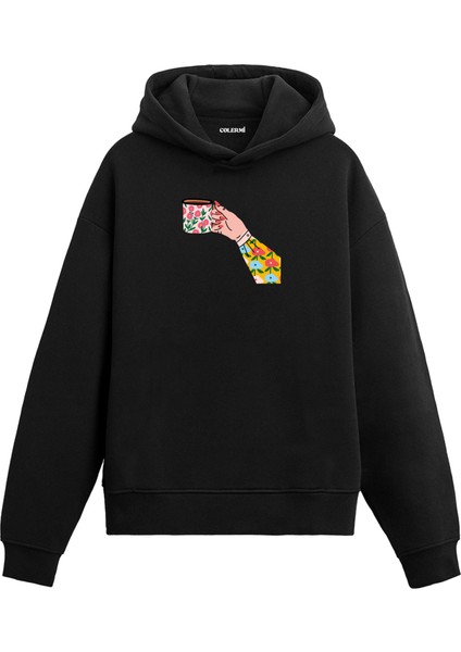 Desenli Kahve Fincanı Baskılı Hoodie