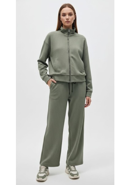 Krep Kumaş Çizgili Likralı Uzun Kol Kadın Eşofman Takım