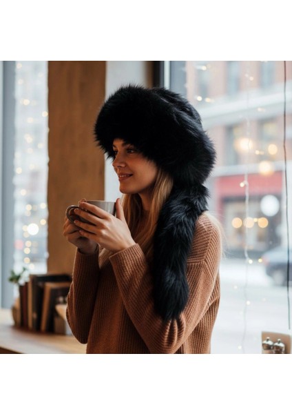 Gerçek Deri Kuyruklu Deri Börk Erkek Kadın Şapka Bere Siyah