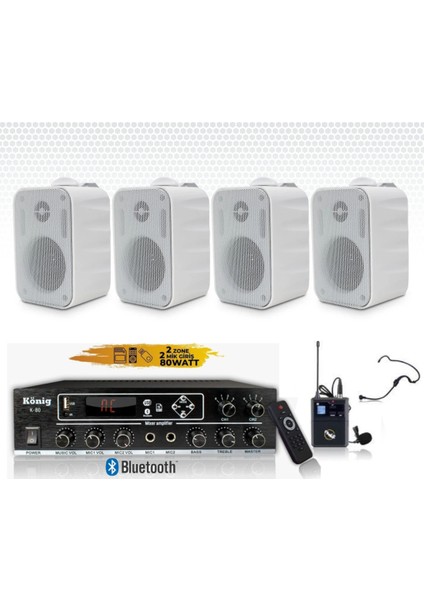 4’lü Duvar Hoparlörlü Yaka Mikrofonlu Bluetooth Anfi Ses Sistemi Seti