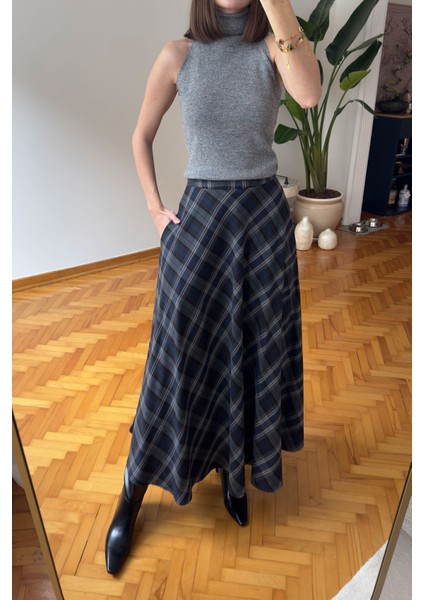 Ekose Desen Verevli Etek- Gri