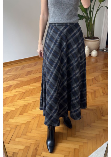 Ekose Desen Verevli Etek- Gri