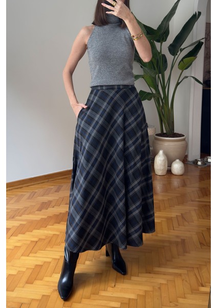 Ekose Desen Verevli Etek- Gri