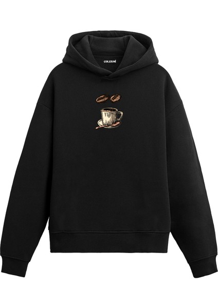 Kahve Fincanı ve Çekirdek Figürlü Hoodie