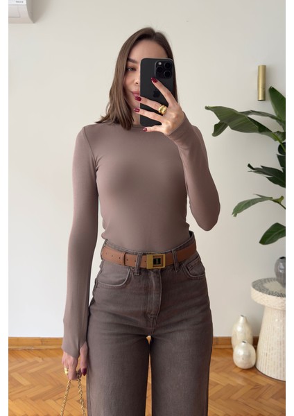 Parmak Geçmeli Uzun Kollu Body- Vizon