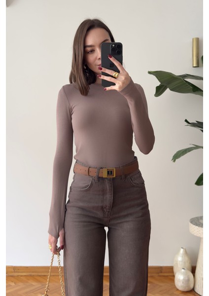 Parmak Geçmeli Uzun Kollu Body- Vizon