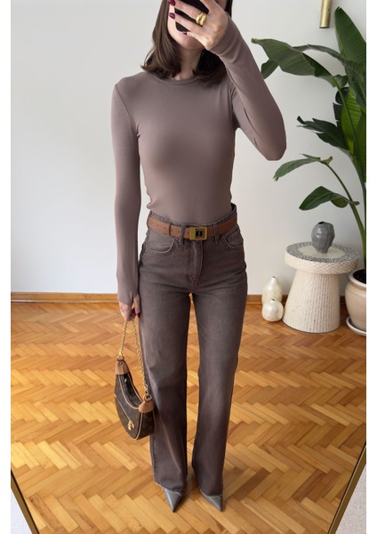 Parmak Geçmeli Uzun Kollu Body- Vizon