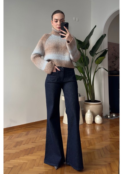 Önü Arkası Cepli Ispanyol Paça Jean- Mavi