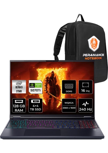 Predator Helios Neo 16 Aı Intel Core Ultra 9 275HX 128GB 4tb+4tb SSD RTX5070TI/12GB 170W 16" Qhd+ 240Hz Fdos Taşınabilir Bilgisayar & Per4 Çanta NHQX2EY002P360