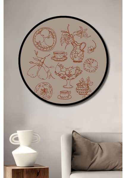 Dekoratif Ahşap Yuvarlak Çerçeve Görünümlü Tablo Meyve ve Çiçek Desenleri