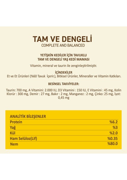 Tavuklu Yaş Konserve Yetişkin Kedi Maması, Jöle Içinde Parça Etli, 400 gr x 12 Adet modelleri