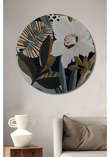 Dekoratif Ahşap Yuvarlak Tablo Beyaz Çiçek ve Yapraklar