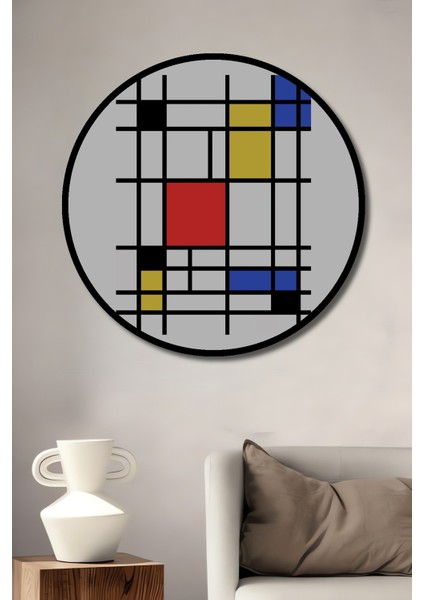 Dekoratif Ahşap Yuvarlak Çerçeve Görünümlü Tablo Mondrian Ilhamı