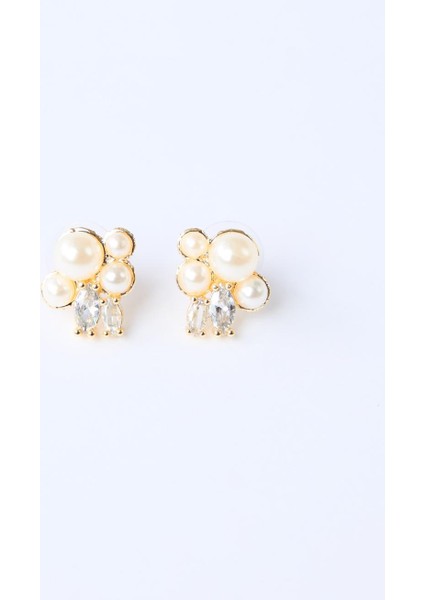 Beyaz Çoklu Top Inci Detaylı Parlak Taşlı Küpe