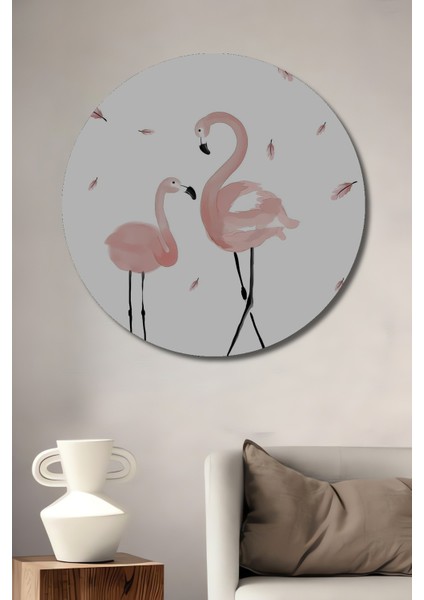 Dekoratif Ahşap Yuvarlak Tablo Pembe Flamingolar Kuş Tüyleri