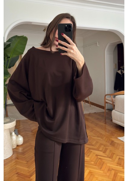 Yaka Detay Modal Takım- Kahverengi