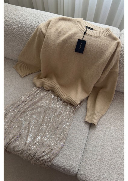 Pul Payetli Premium Etek- Bej