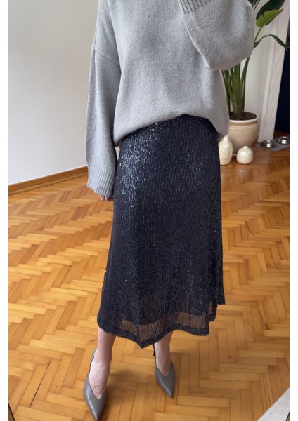 Pul Payetli Premium Etek- Füme