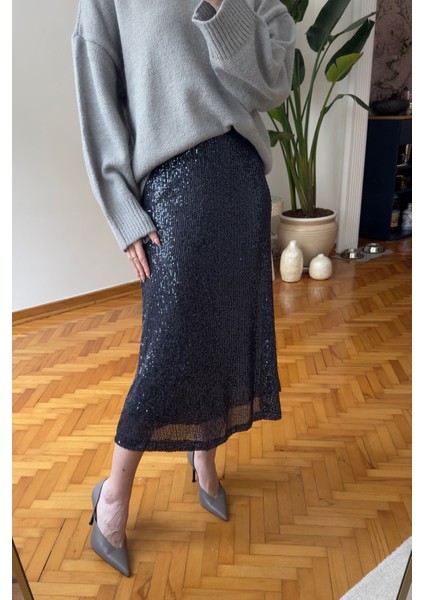 Pul Payetli Premium Etek- Füme