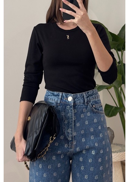 Orj Marka Broşlu Uzun Kollu Bluz- Siyah