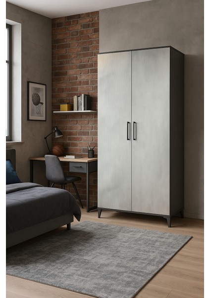 Poyraz MDF 2 Kapaklı Çekmeceli Genç Odası Dolabı