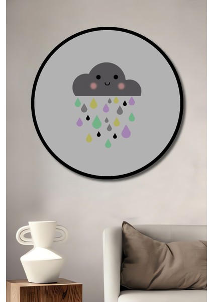Dekoratif Ahşap Yuvarlak Çerçeve Görünümlü Tablo Mutlu Bulut Yağmur