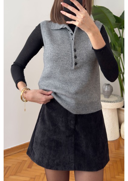 Düğmeli Kolsuz Premium Kazak- Gri