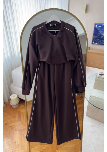 V Yaka Biye Detay Modal Takım- Kahverengi