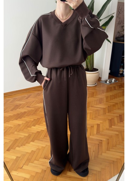 V Yaka Biye Detay Modal Takım- Kahverengi