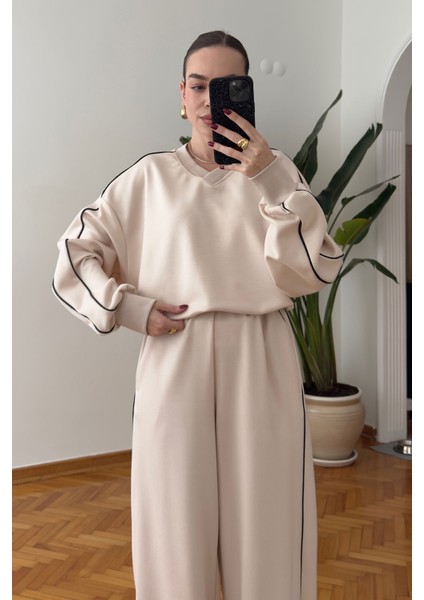 V Yaka Biye Setay Modal Takım- Bej