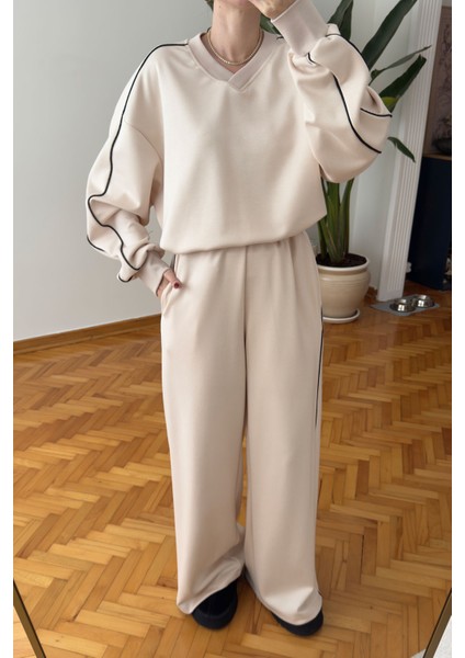 V Yaka Biye Setay Modal Takım- Bej