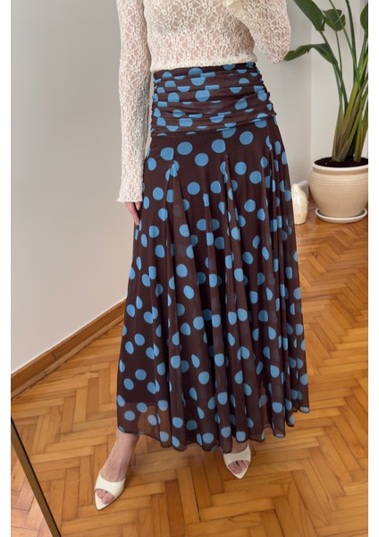 Puantiyeli Şifon Tasarım Etek- Kahverengi fırsatları