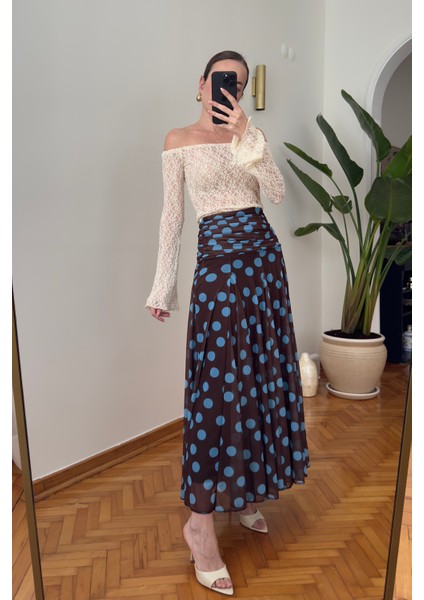 Puantiyeli Şifon Tasarım Etek- Kahverengi indirimleri