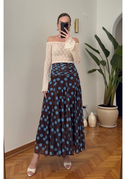 Puantiyeli Şifon Tasarım Etek- Kahverengi