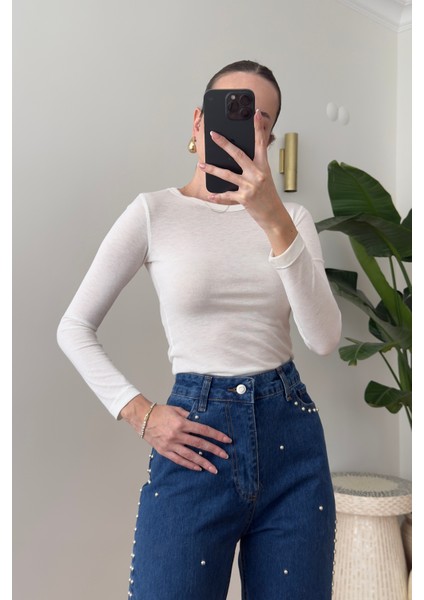 Sonsuz Kumaş Bisiklet Yaka Bluz- Beyaz