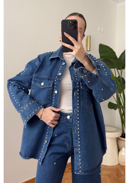 Metal Boncuk Işlemeli Takım- Mavi