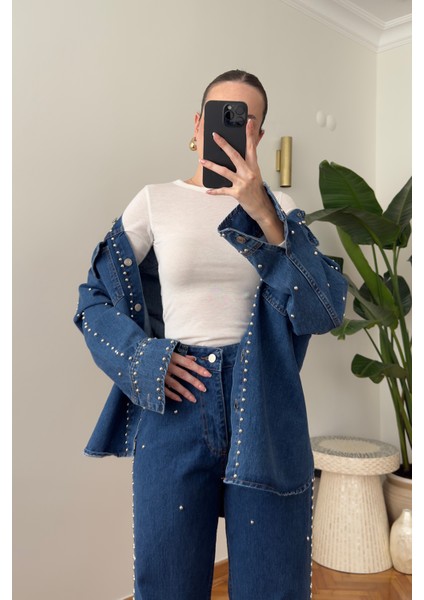 Metal Boncuk Işlemeli Takım- Mavi