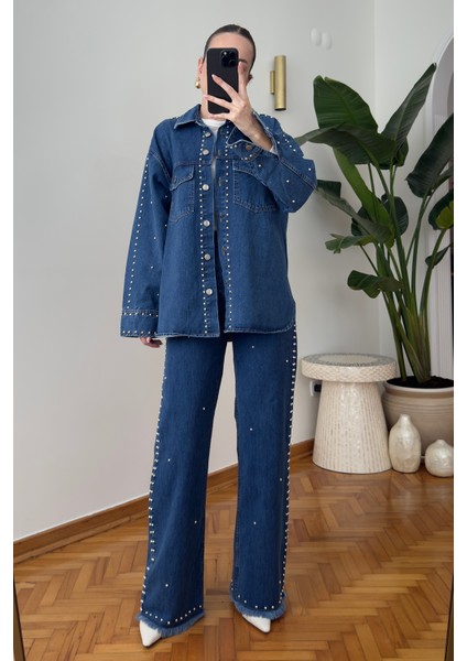 Metal Boncuk Işlemeli Takım- Mavi