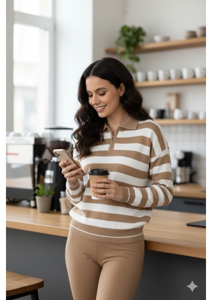 Kadın Kışlık Triko Kazak Over Size Standart Beden Fermuarlı Yaka Çizgi Motifli modelleri