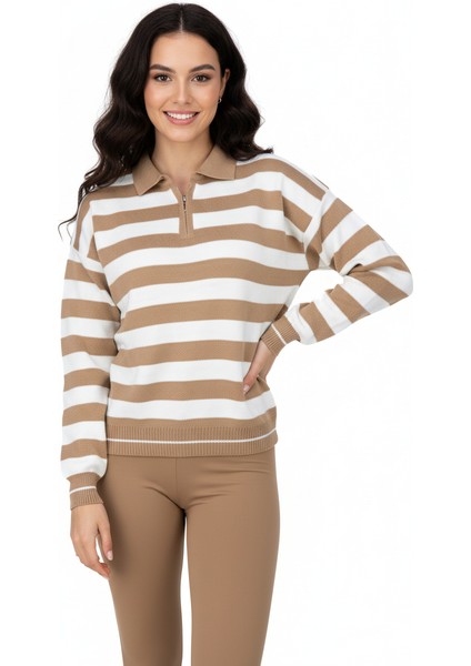 Kadın Kışlık Triko Kazak Over Size Standart Beden Fermuarlı Yaka Çizgi Motifli fırsatları