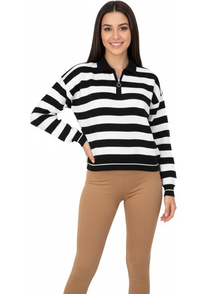 Kadın Kışlık Triko Kazak Over Size Standart Beden Fermuarlı Yaka Çizgi Motifli fiyatları