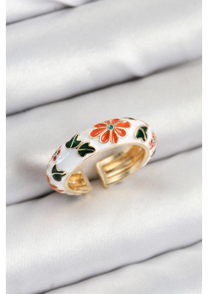 Pirinç Beyaz Mineli Çiçek Motifli Gold Renk Ayarlanabilir Kadın Yüzük fiyatları