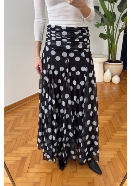 Puantiyeli Şifon Tasarım Etek- Siyah