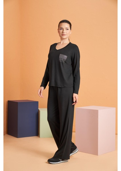 Kadın V Yaka Likralı Viskon Kumaş Uzun Kollu Eşofman Takım