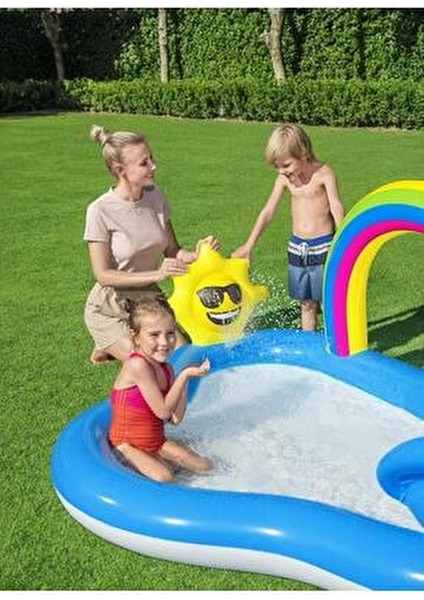 Gökkuşağı Fışkıyeli Kaydıraklı Havuz 257 x 145 cm Yumuşak Zeminli Eğlenceli Oyun Alanı modelleri