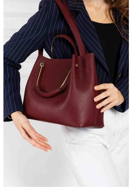 Kadın Bordo Gold Detaylı Suni Deri Omuz ve El Çantası