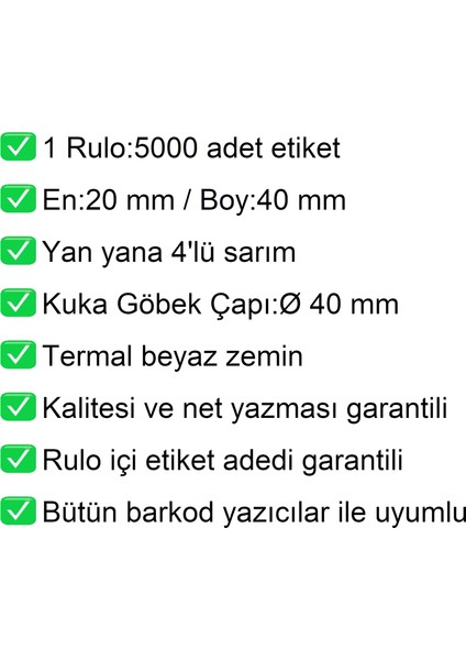 40x20 mm Termal 4'lü Ürün Barkod Etiketi 1 Rulo:5000 Adet Etiket modelleri