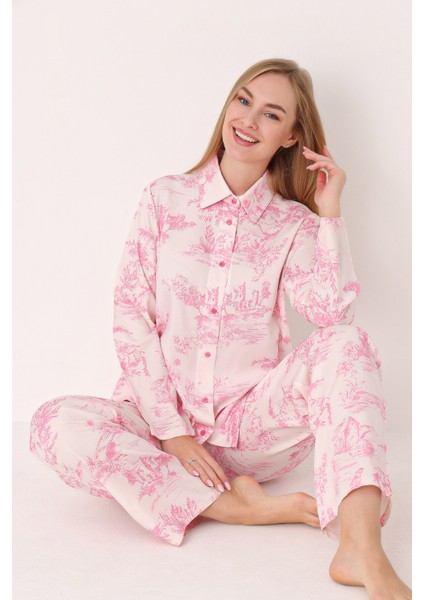 Kadın Uzun Kollu Önden Düğmeli Pijama Takım 68266