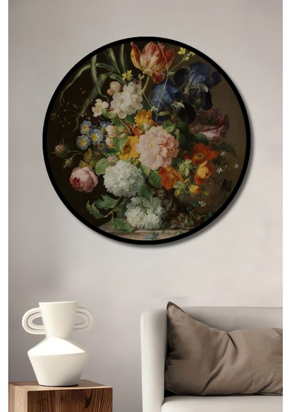 Dekoratif Ahşap Yuvarlak Çerçeve Görünümlü Tablo Renkli Çiçekler