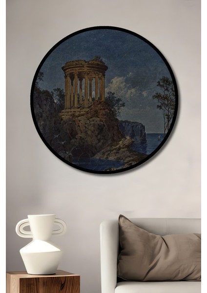 Dekoratif Ahşap Yuvarlak Çerçeve Görünümlü Tablo Antik Yunan Tapınağı Kıyıdaki Kayalar